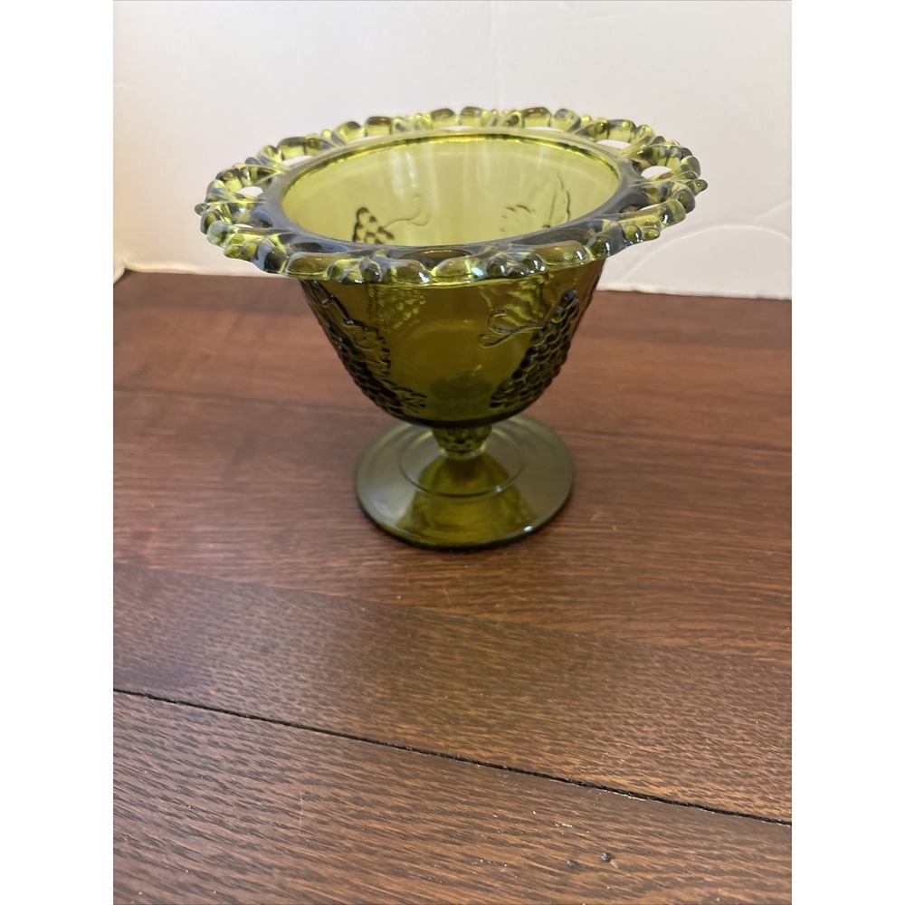 Vintage Green Pedestal Compote Candy Dish w/ Grape Design Lace Edge 4 3/4" EUC